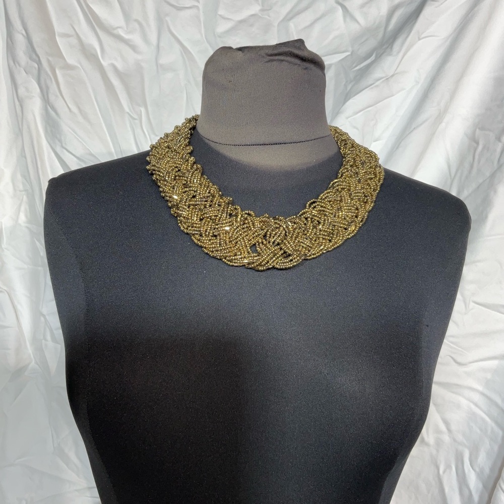 Beaded gold tone bib necklace